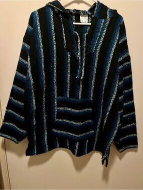 Striped Baja Hoodie Pullover in Black & Blue